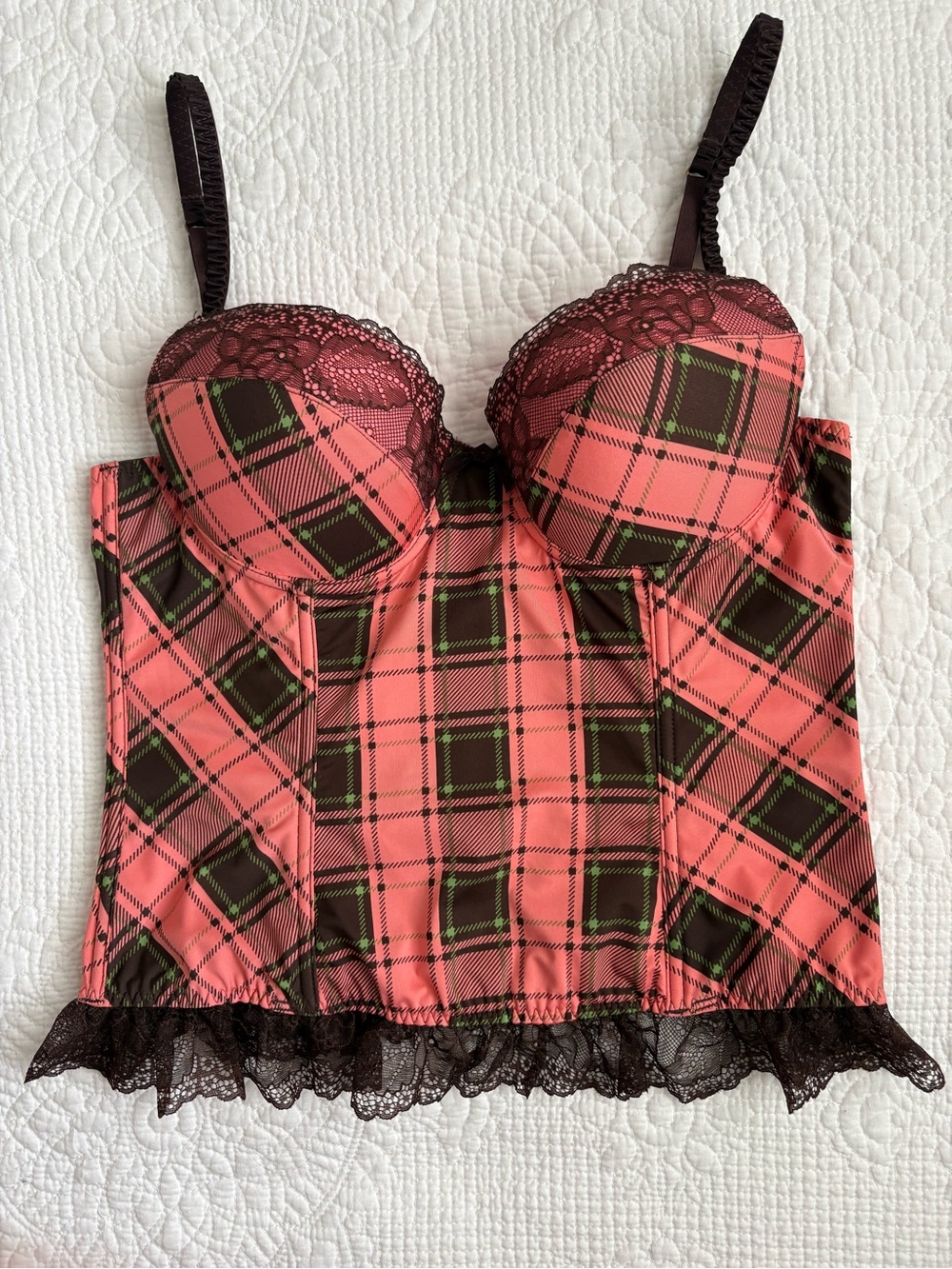 Vintage Y2K Plaid Lace Trim Bustier Corset Top in Coral Pink, Green, and Brown